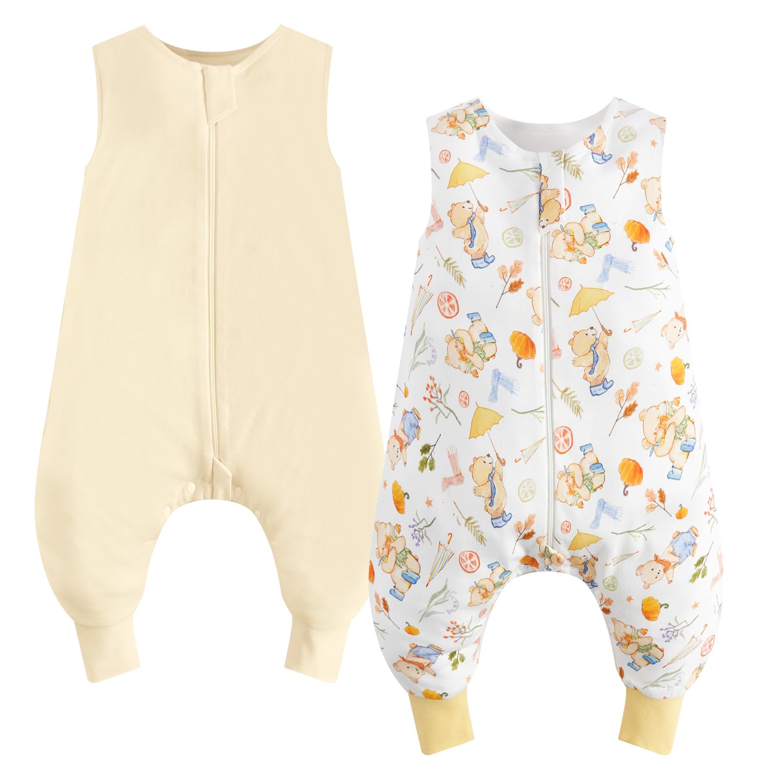 WYTbaby Sacco a pelo con piedi, 1,0 Tog, confezione da 2 pezzi, sacco a pelo per bambini, 100% cotone, senza maniche, per tutto l'anno, per ragazzi e ragazze, giallo + orso, 90 cm (confezione da 2)
