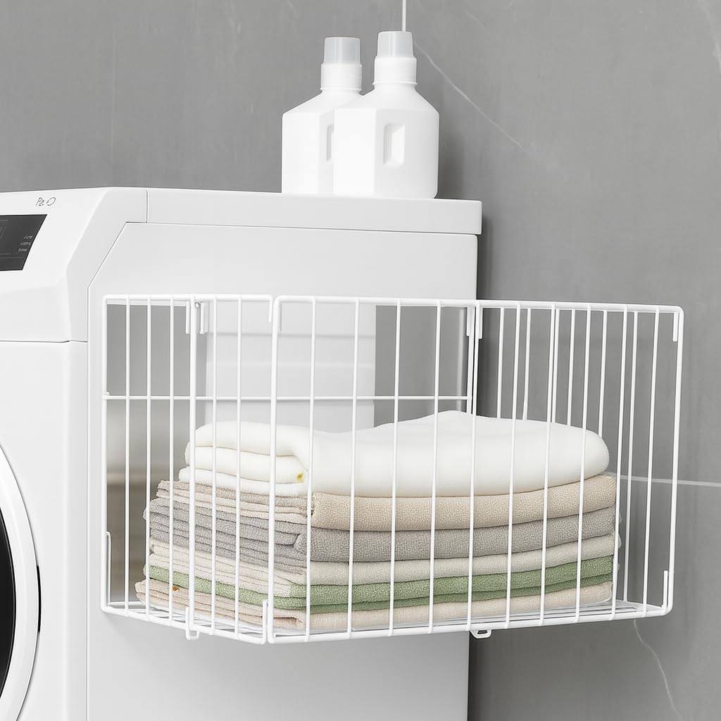 Magnetic Laundry Basket for Washer & Dryer Side - Extra Large 16.7" Foldable Wire Hamper & Lint Bin Container - Space Saving Metal Organizer Caddy for Detergent, Dryer Balls