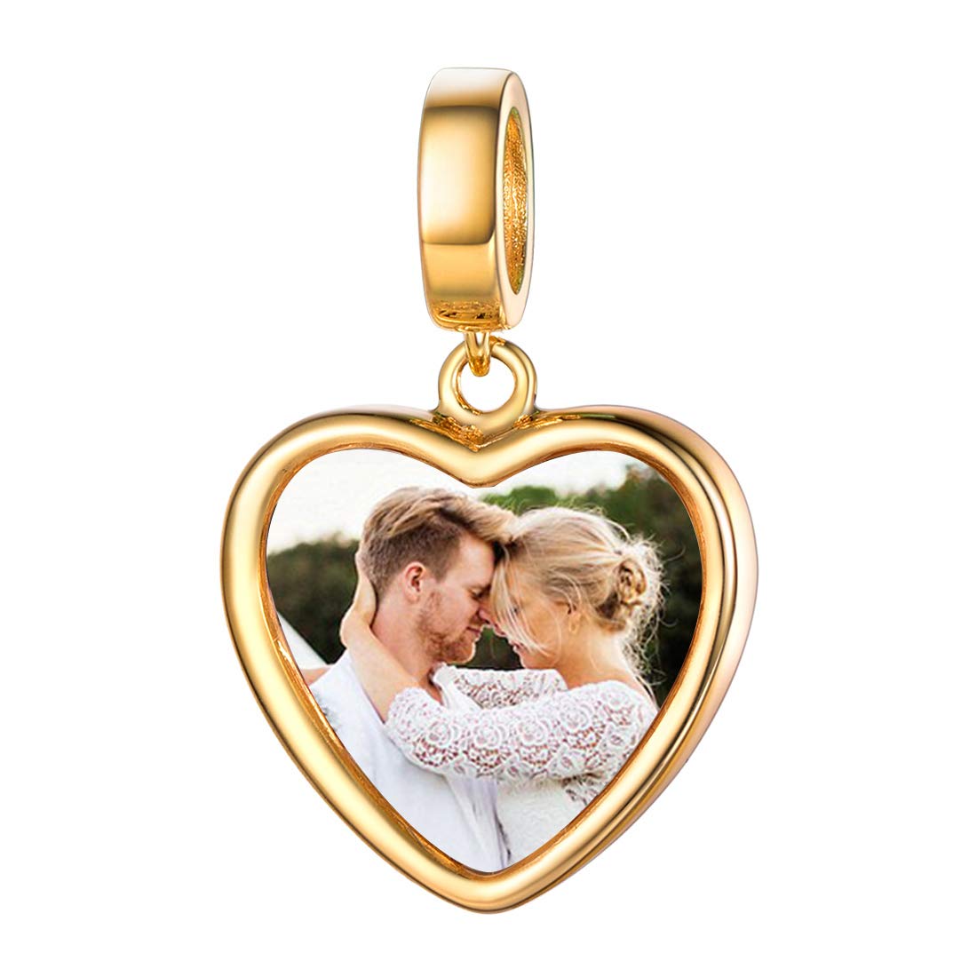 Custom4U Charme Or avec Photo Personnalisé Charm Coeur Argent 925 pour Bracelet Bijoux Personnalisable Cadeau Anniversaire pour Femme Maman
