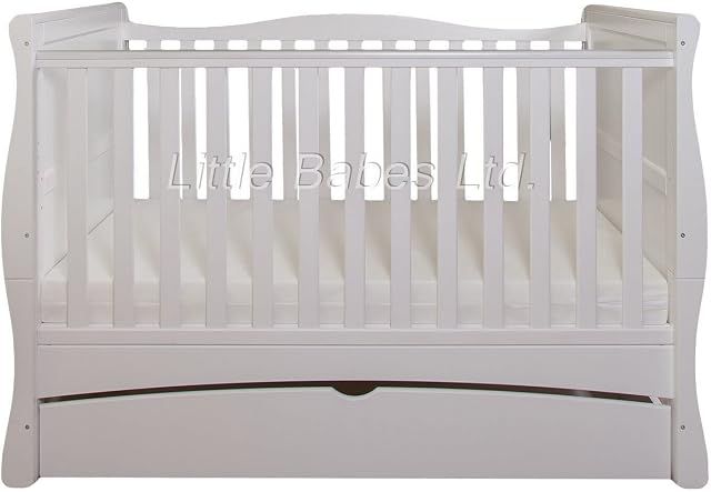 Little Babes Ltd New White Convertible Mason Cot Bed with Drawer + ECO HD Airflow Nursery Fibre Mattress 140x70x10cm / Baby Sleigh Cot Bed, Drawer & Mattress