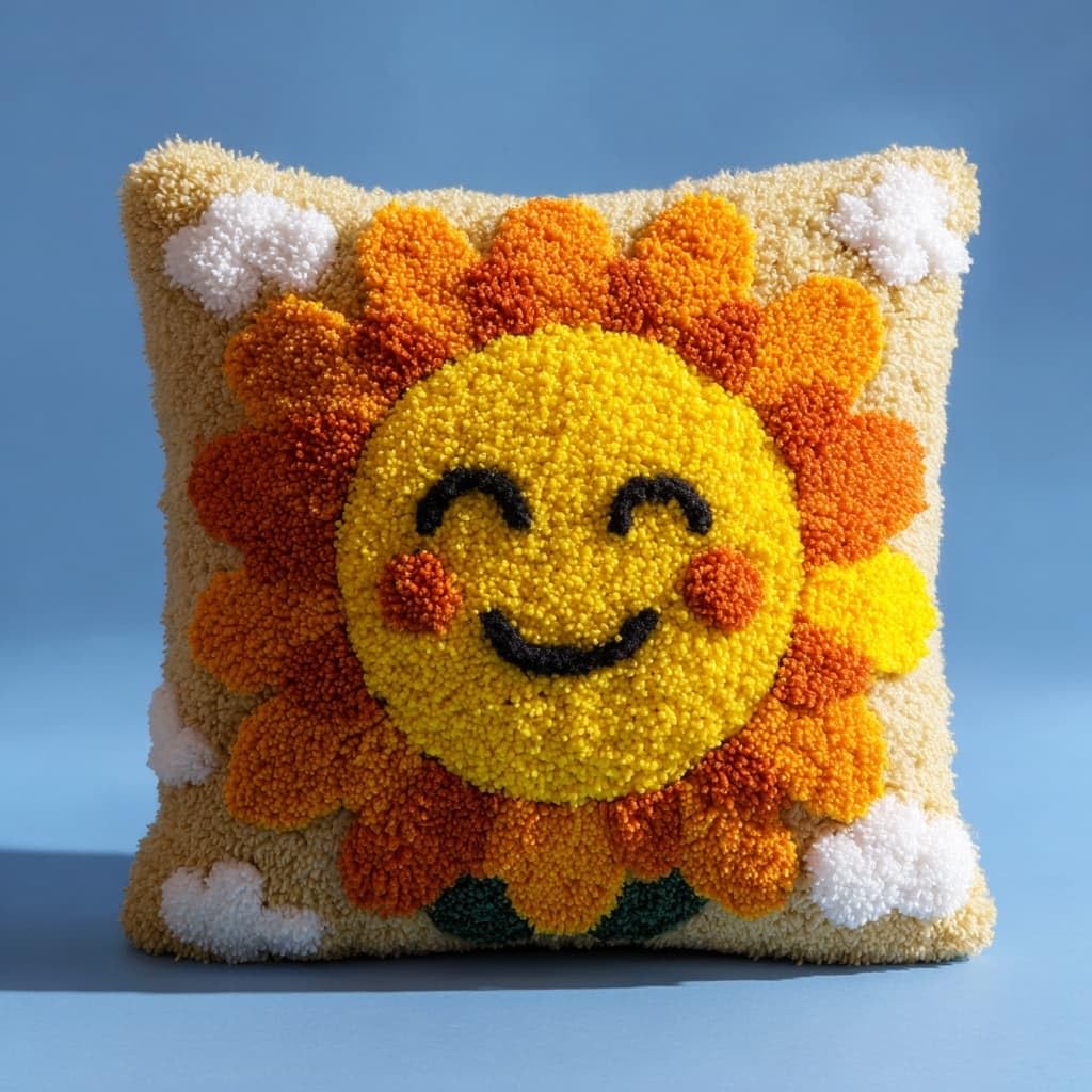Henypt DIY Latch Hook Kit 43x43cm / 17x17 Inch,Cartoon Smiling Sunflower Complete Crochet Rug Kit with Yarns & Hook,Creative Needlework Gift for Family