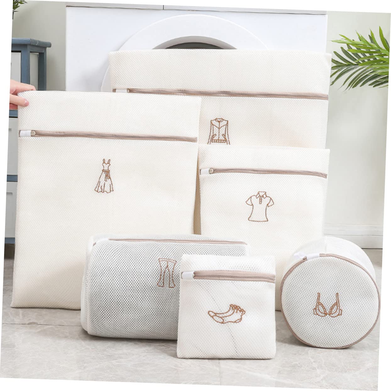 Juego de Bolsas de Lavandería Bordadas 6 Piezas de Poliéster Beige