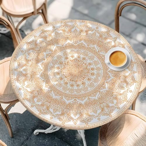 Round Table Cover 55-60 Inch, Waterproof Reusable Table Cloth Round Fitted Vinyl Tablecloth with Elastic Edged for Parties Outdoors, Mandala Pattern Boho Style Vintage Orange Flower by SEVENBABU - Image 9