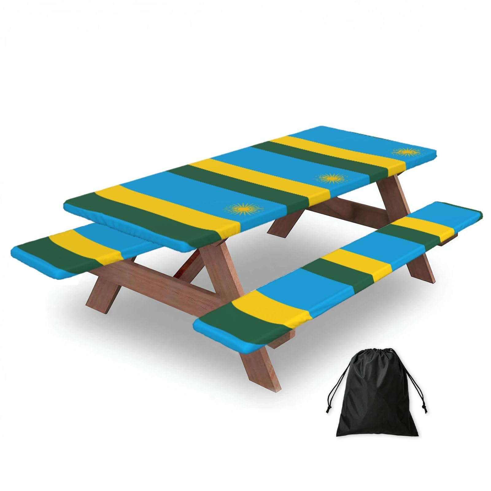 Hhbiuuo Black 72In Camping Table Cover & Bench Covers 3-Pack Set, Flag Of Rwanda Print Tablecloths, For Rectangle Tables Picnic