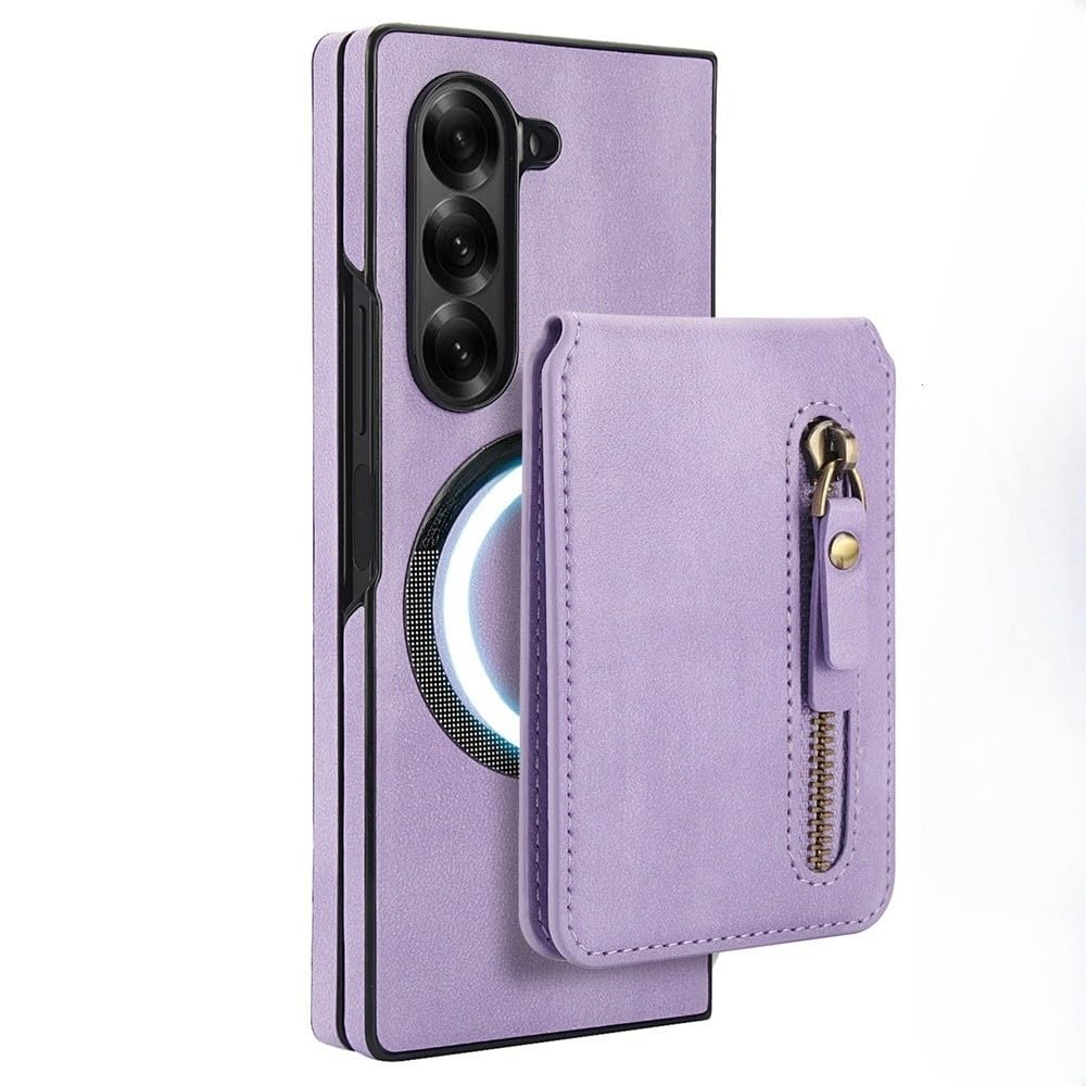 Funda magnética Desmontable con Tarjetero para Samsung Galaxy Z Fold 6, 5, 4 y 3, de Cuero con Cremallera, Morada, para Samsung Z Fold 6