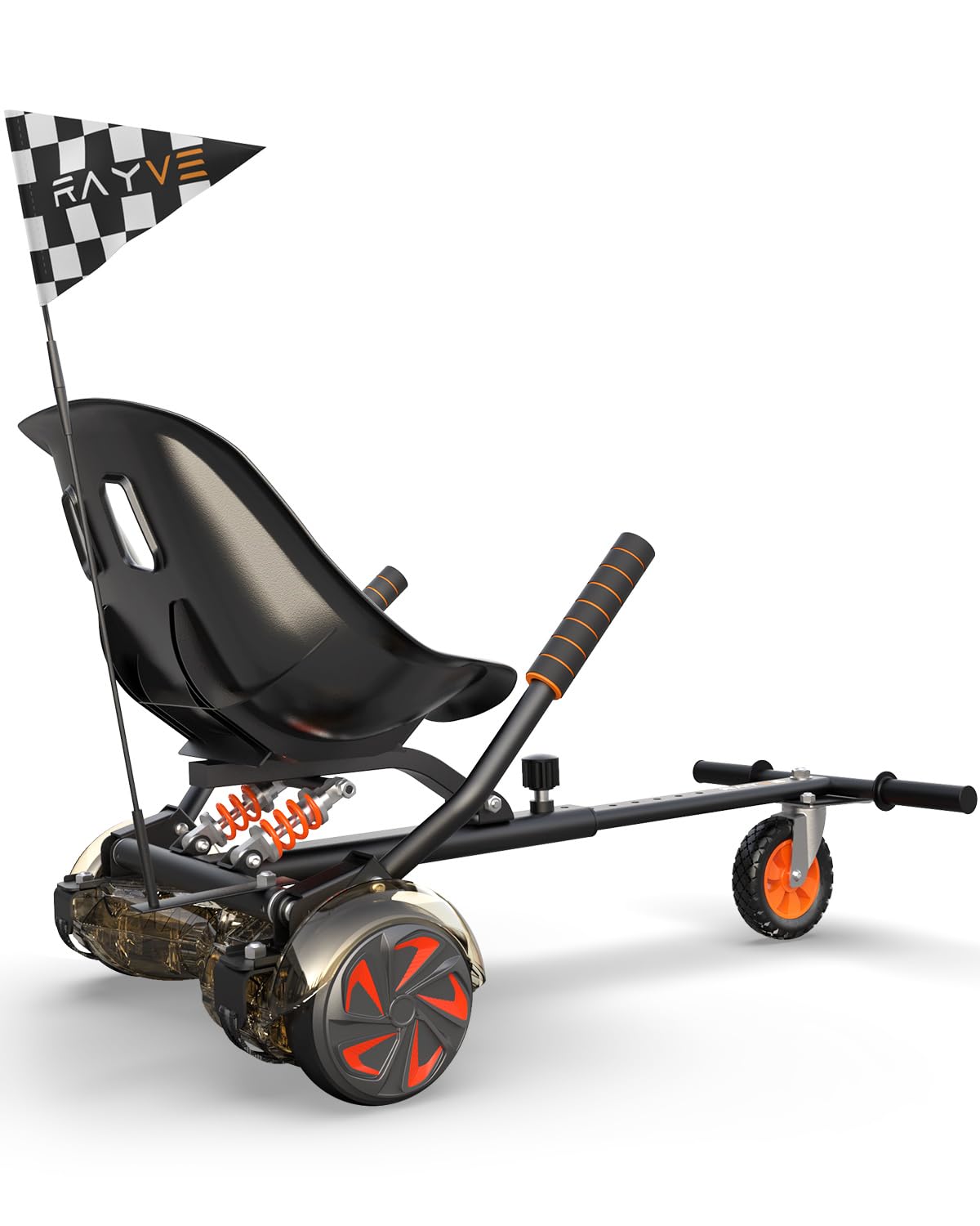 Rayve Hoverboard Attachment S1 with Rear Shock Absorption, Hoverboard Go Kart Accessory for 6.5" 8" 10" Hover Board, Adjustable Frame Length & Off-Road Rubber Wheel