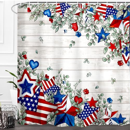 Baccessor Home Patriotic 4th of July Shower Curtain Independence Day America Memorial Day Stars Shower Curtain Neutral Country Rustic Bathroom Bath Decor Waterproof Weighted with Hooks 72 W x72 H Inch