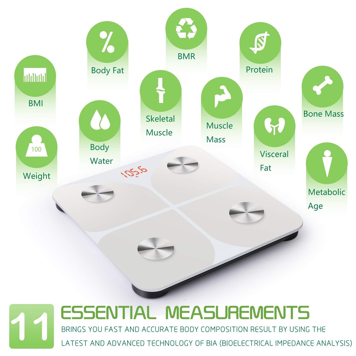 Bilancia Pesapersone Digitale Professionale Impedenziometrica Senza Fili Intelligente per IOS e Android Integrata con 13 Indici di Misurazione Massa Grassa, Massa Magra e Metabolismo Basale, Bianco