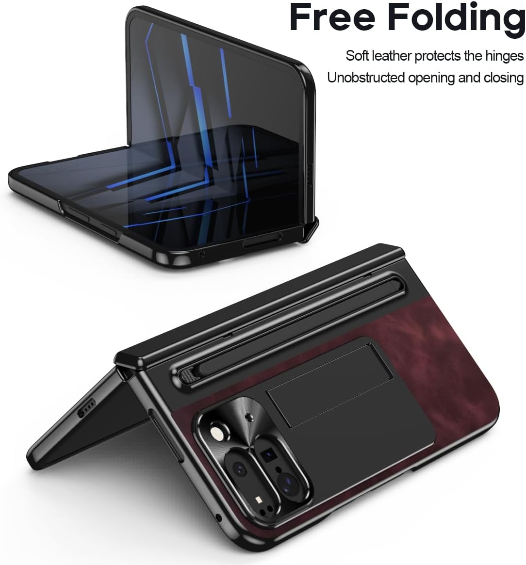 for Google Pixel 9 Pro Fold Case with Slim Pen Holder & Capacitance Stylus Pen, Kickstand Premium Jazz Retro Leather Soft Touch Shockproof Hard Full-Body Screen Hinge Protection -Red