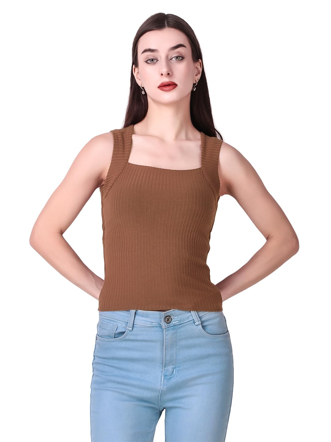 Sizi Women's Ribbed Knit Tank Top with Built-in Padded Support, Square Neck Sleeveless Fitted Top, Brown.-picture-43