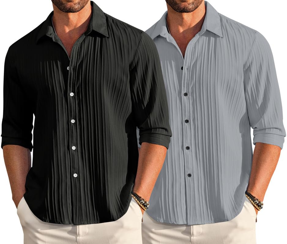 Image of FINIVO FASHION Men's Cotton Blend Shirt Set Lightweight, Full Sleeves, Plain Texture, Button Closure, Summer Ready (Pack of 2)