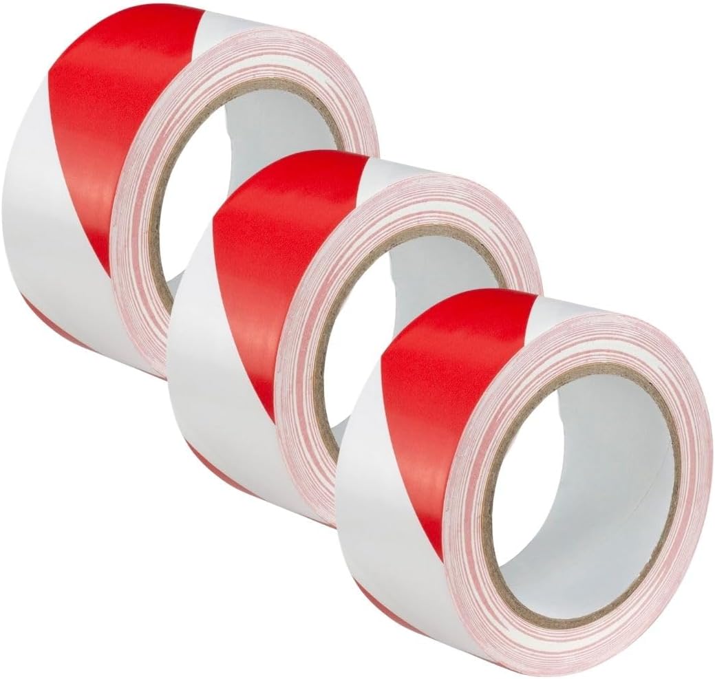 GTSE Hazard Tape Red and White, 50mm (2") x 33m, Strong Adhesive Warning/Caution Tape, Floor Marking Tape, 3 Rolls