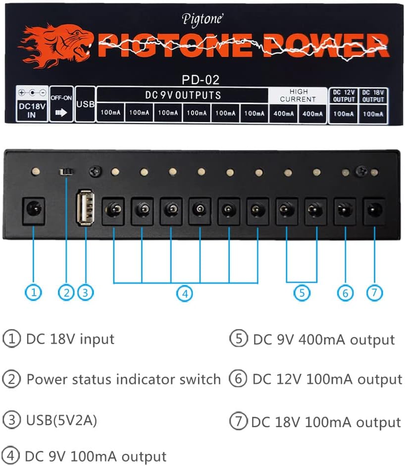 Guitar Effect Pedal 10 DC Outputs Power Supply for 9V 12V 18V Effects Pedals with USB (5V2A) PD-02