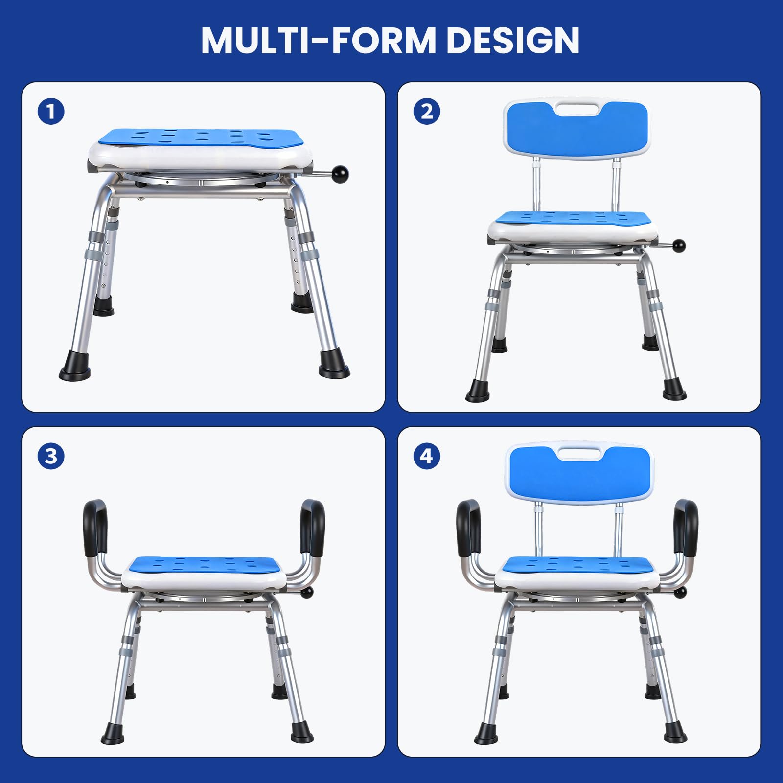 Silla de ducha giratoria de lujo con brazos y respaldo de 360°, asiento de bloqueo de 360°, altura ajustable de 5 niveles, silla de baño acolchada de alta resistencia, 300 libras, para personas
