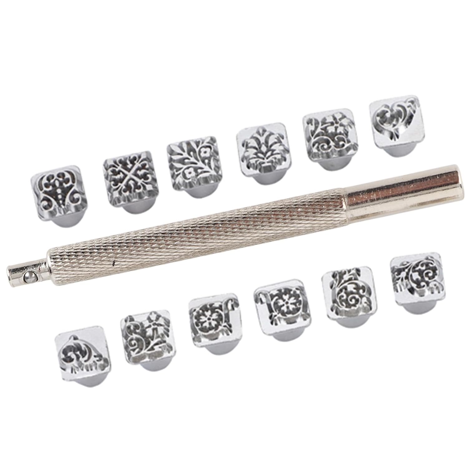 12PCS 10mm Leathercraft Flower Pattern Stamps, Zinc Alloy Stamps Punch Set Tool with Handle,Leathercraft Printing Tool for Leather Craft Belt Bag Craft DIY Jewelry Marking,12 Shapes