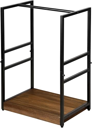 Miniatura 5 de MyGift Estante de leña para interiores, soporte industrial de metal negro con base de madera marrón quemada maciza, madera para chimenea y estante
