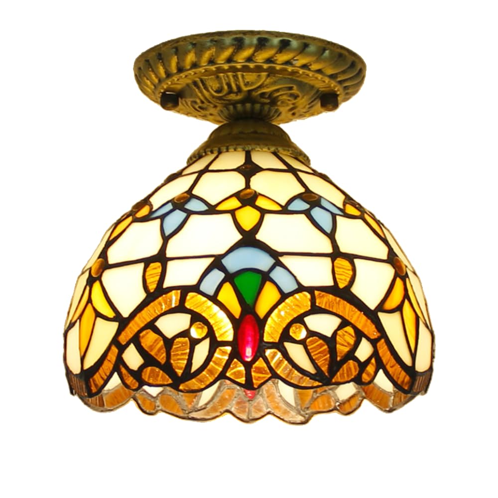 HPTHLY Tiffany E27 Ceiling Light Fixture Handmade Chandelier With Colored Glass Lampshade Decorative Art For Living Room Bedroom Dining Room & Kitchen 20Cm Diameter (A)