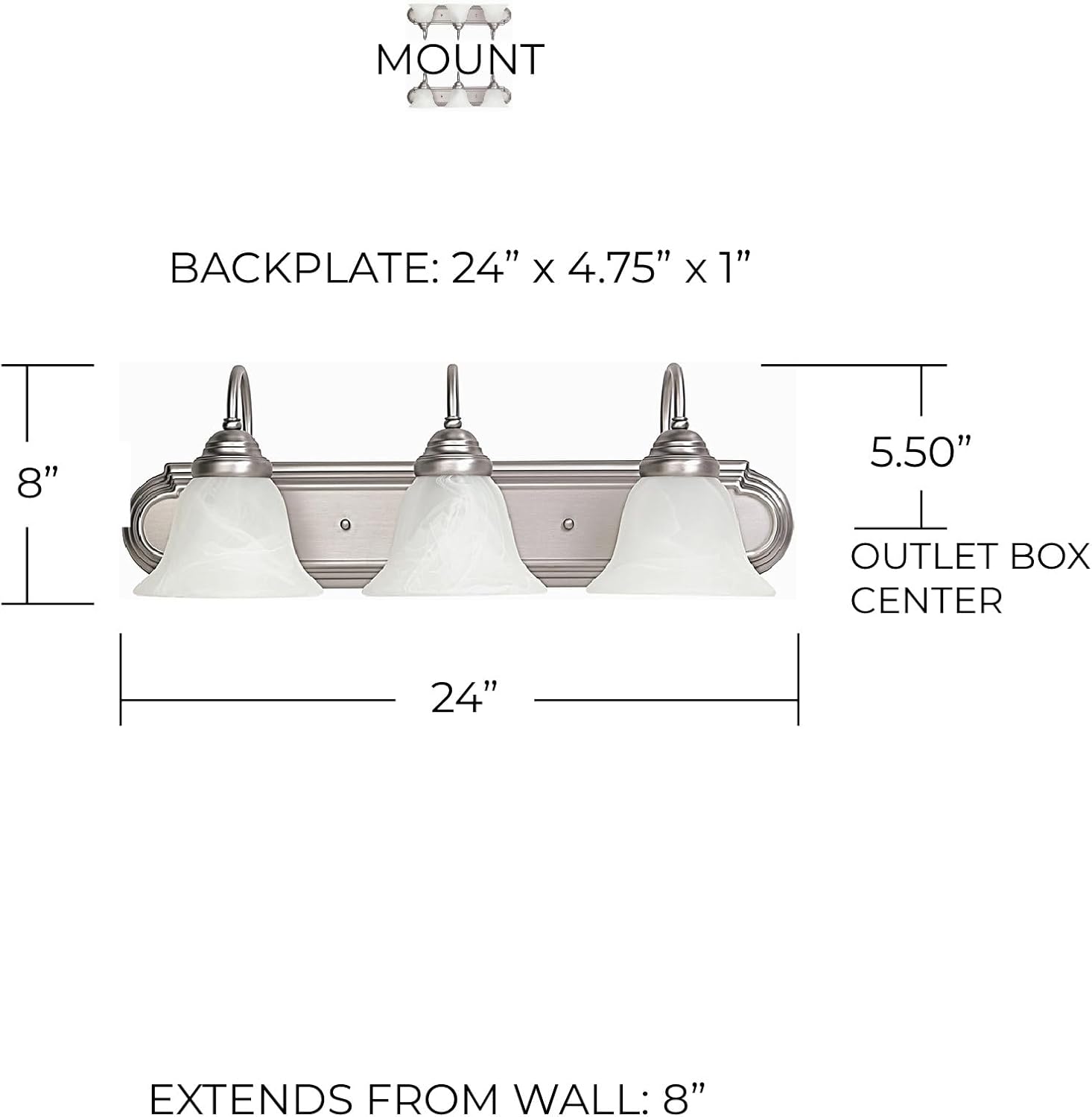 Capital Lighting 1163MN-118 Mindy Faux White Alabaster Glass Bath Vanity Wall Mount, 3-Light 300 Total Watts, 8" H x 24" W, Matte Nickel