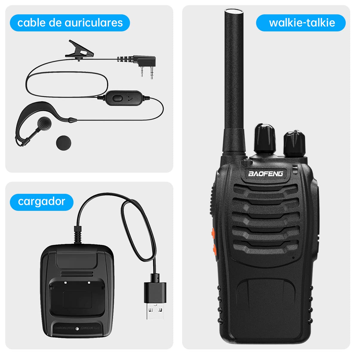 Baofeng Walkie Talkie Profesional PMR Radiocomunicación USB Recargable 16 Canales de Larga Distancia Portátil Walkie Talkies con Auriculares y Luz LED (Negro, 1 Pare) — view 8