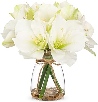 Artificial Amaryllis in Glass 30 cm Artificial Flowers Amaryllis White Artificial Flowers Table Decoration Artificial Plants Blossom Decorative Flowers in Vase for Shelf Window Sill Balcony