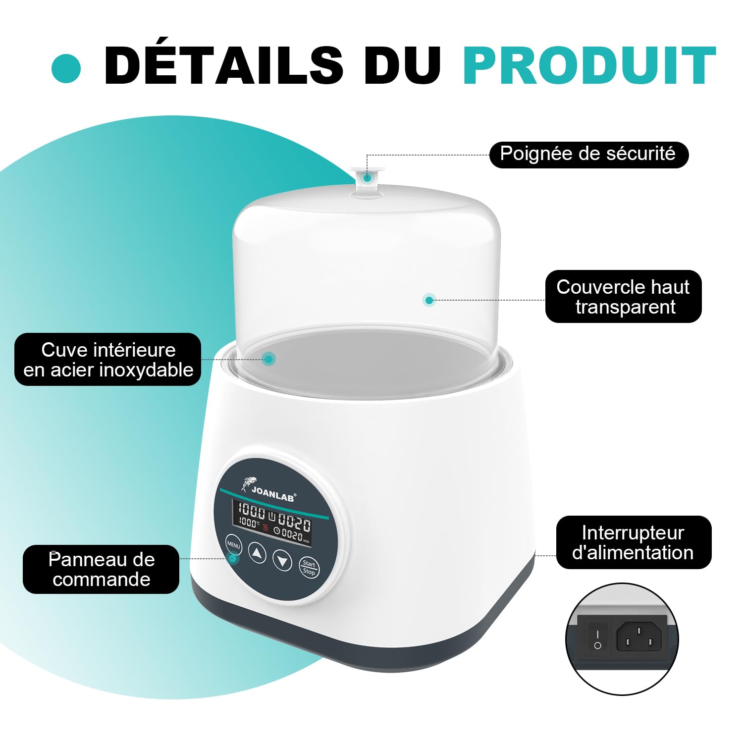 JOANLAB Bain-Marie Numérique 2L, Chauffage de Précision 100°C, Cuve Inox 304 avec Minuterie & Double Sécurité, Couvercle Transparent pour Expériences(WB-2S)