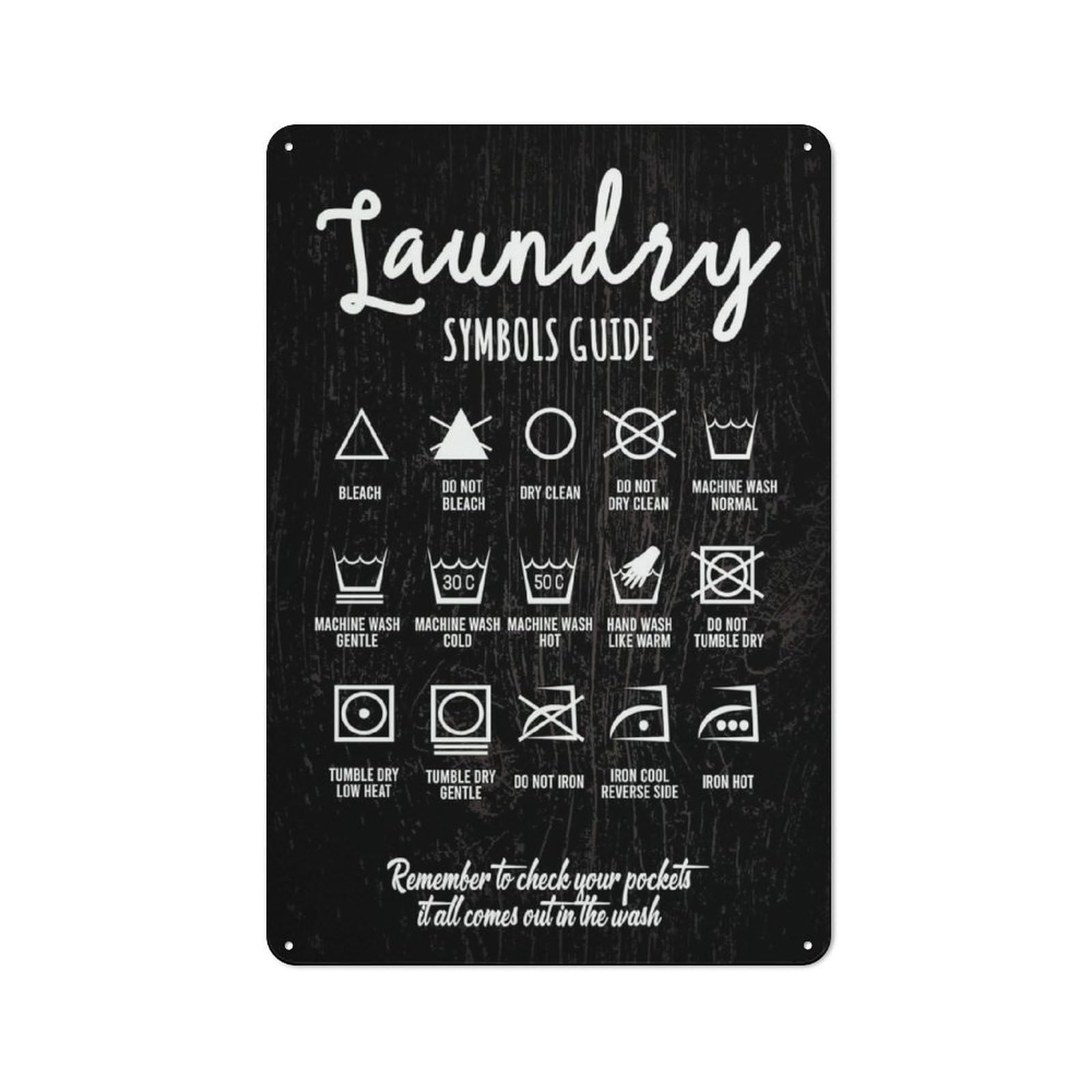 Acdoet Men's Tin-03 Rustic Metal Tin Sign Laundry Symbols Guide Wall Art Remember To Check Your Pocket Black Wood Pattern Wall Print Laundry Room Home Office Bathroom Decor Funny Meaningful For Woman 8X12 Inch