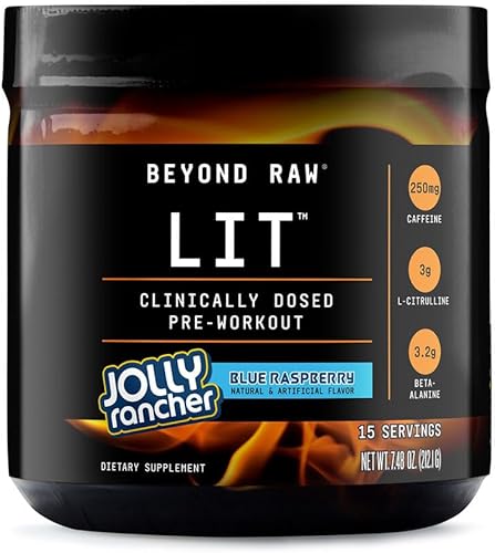 BEYOND RAW LIT  Polvo de preentrenamiento dosificado clínicamente  Contiene cafeína, L-citrulina, beta-alanina y óxido nítrico  Jolly Rancher Blue disponible en Yaxa Peru