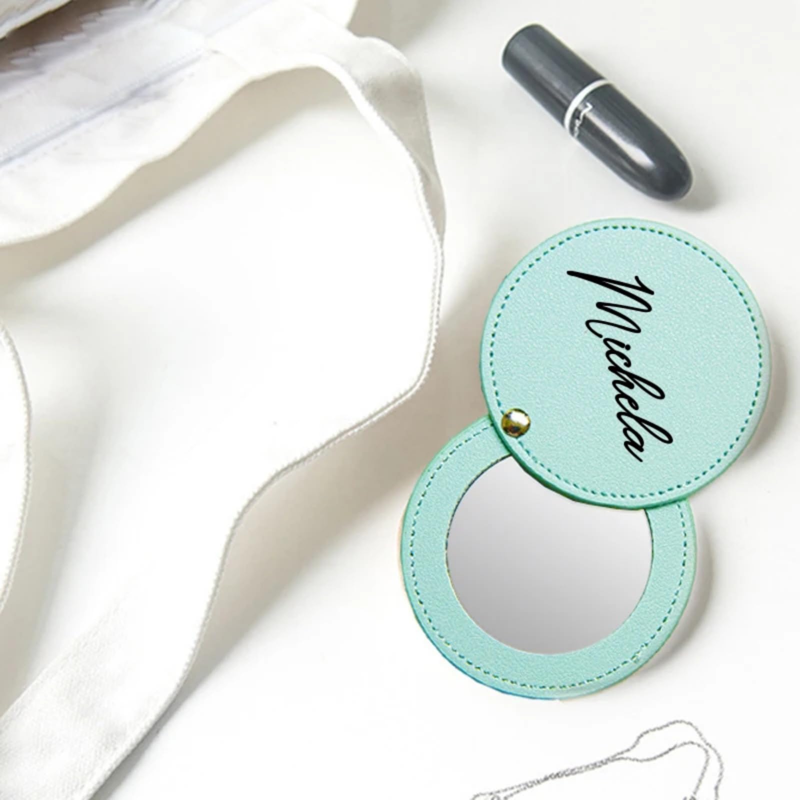 Espejo compacto personalizado, pequeño espejo de bolsillo, mini espejo de maquillaje de cuero, espejo de maquillaje, mini espejo de mano con nombre grabado personalizado para bolso de mujer,