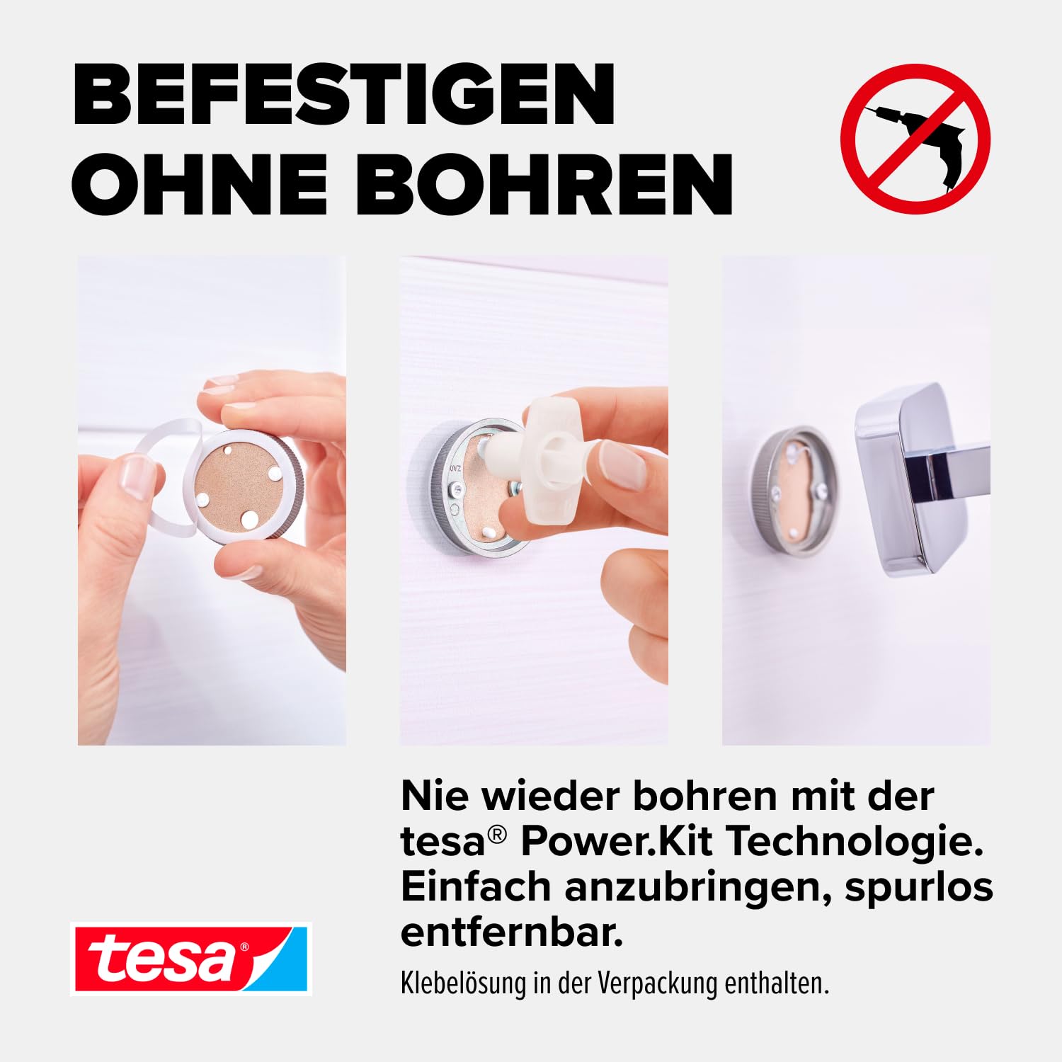 tesa ELEGAANT Bad Handtuchhalter, EIN Arm, verchromt - rostfrei, zur Wandbefestigung ohne Bohren, inkl. Klebelösung - 50 mm x 50 mm x 400 mm