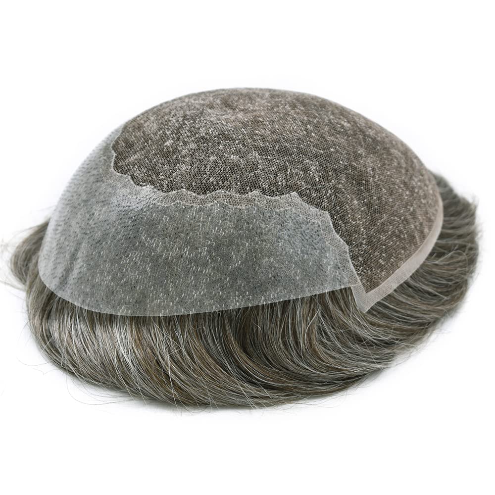 Toupee For Men Swiss Lace Hair Replacement System Virgin Human HairPiece Men’s Toupee Lace Front Hair Restoration For Men Poly PU Skin at Back Hair Unit 7"x9"#640 Light Brown with 40% Gray-100% density