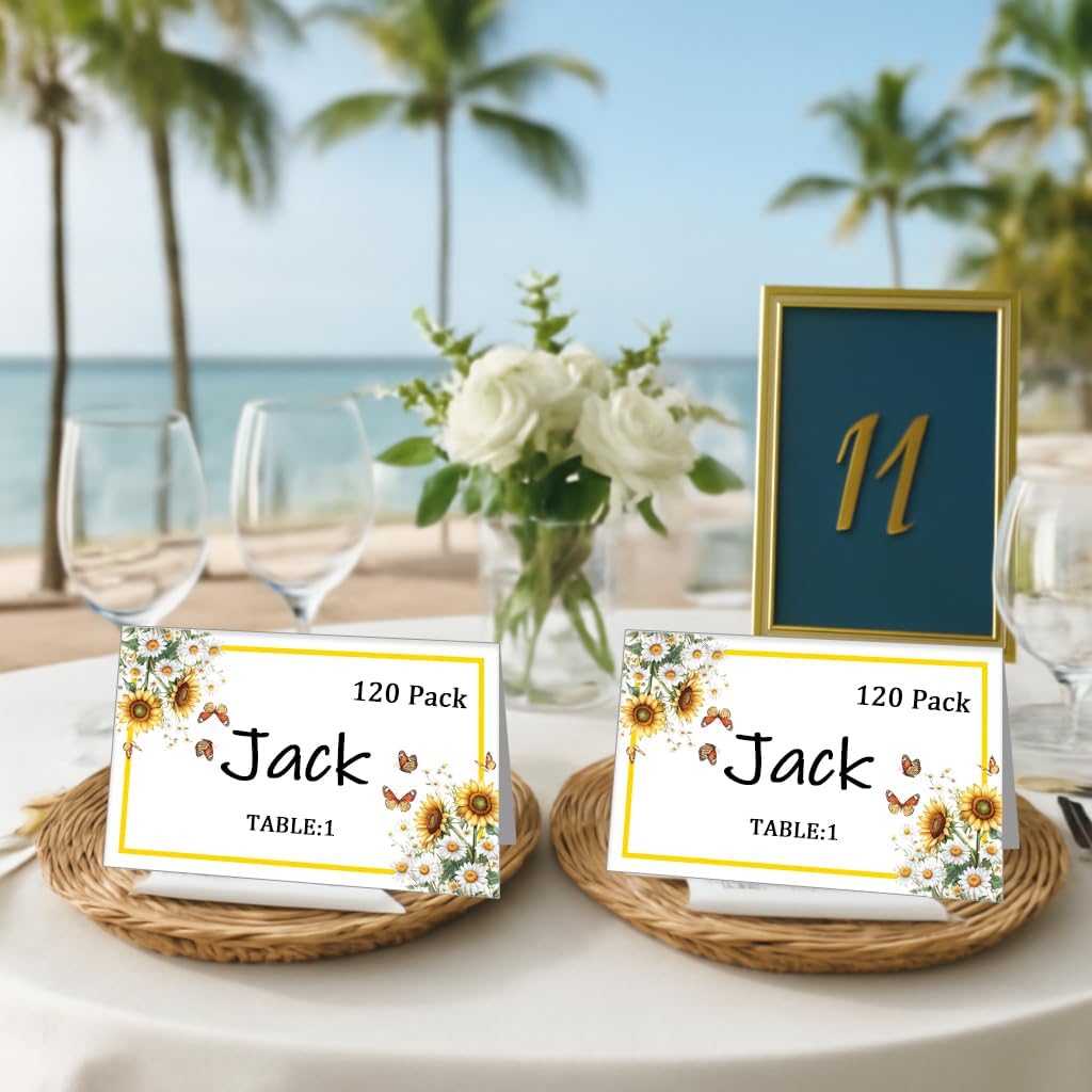 120 Pack Place Cards 4 x 2.5 Inch Table Name Cards Sunflowers Design