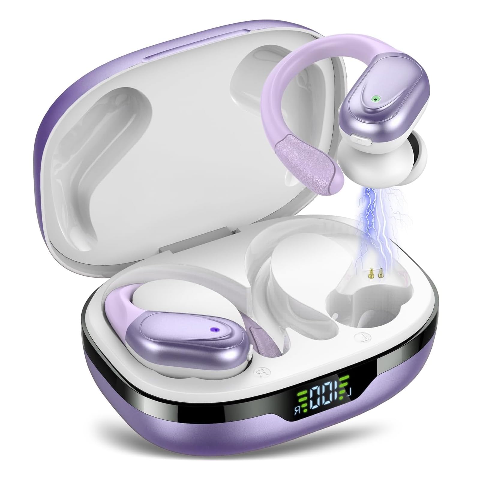 Bluetooth Kopfhörer Sport, Kopfhörer Kabellos Bluetooth 5.3, 60 Std Kabellose Kopfhörer mit Tiefer Bass, In Ear Kopfhörer mit 4 ENC Klarer Mic, IPX7 Wasserdichte Ohrhörer mit Ohrhaken Weiß Violett