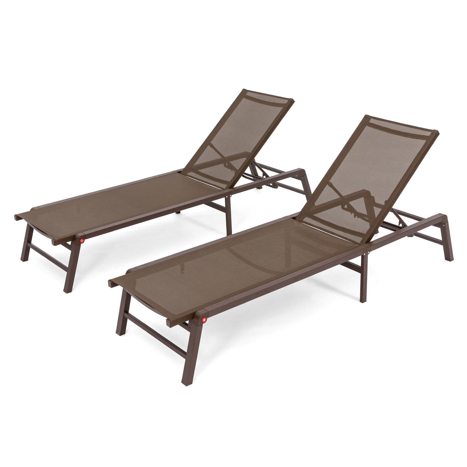 Aluminum Chaise Lounge Chair Outdoor, Foldable Patio Lounge Chair 2 Sets Assemble-Free, Pool Lounge Chairs with 5 Adjustable Backrest, Outdoor Lounge Chairs for Outside Poolside Beach Lawn Brown