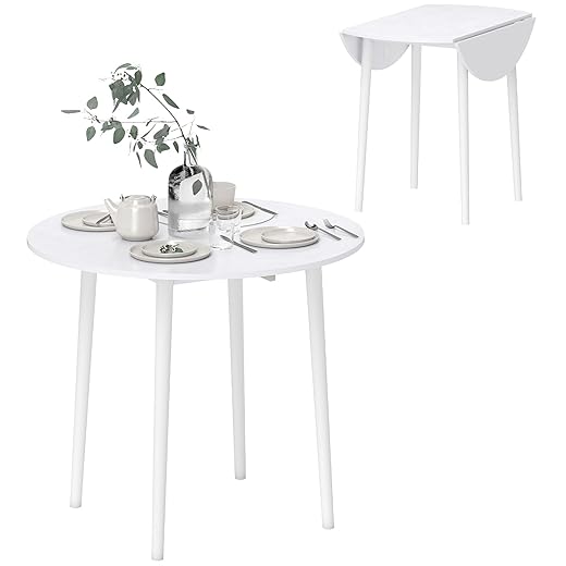 HOMCOM Folding Dining Table for 4, Round Drop Leaf Table, Modern Space Saving Small Kitchen Table with Wood Legs for Dining Room, White