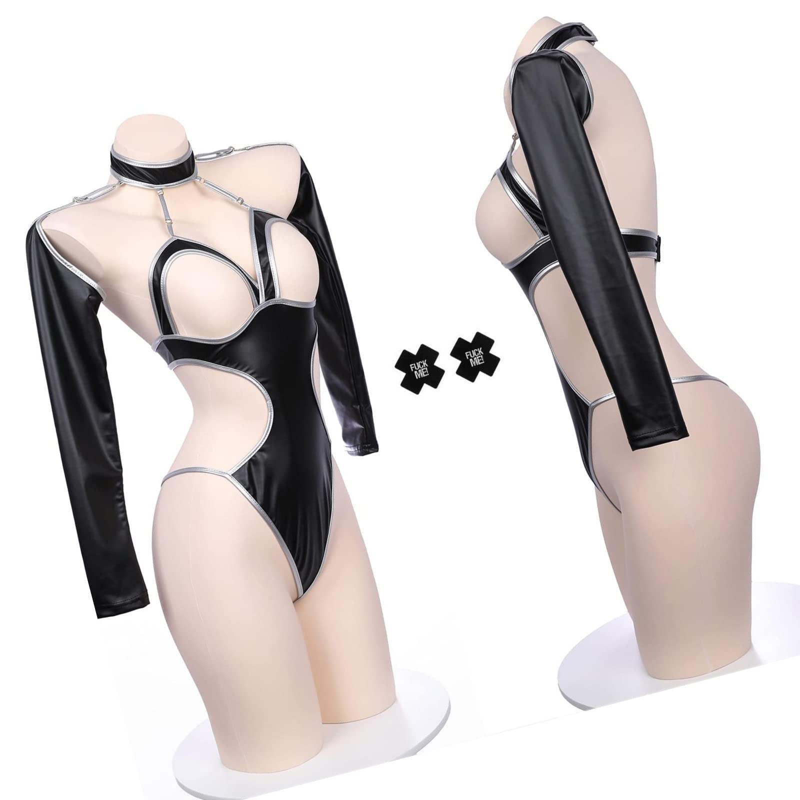 パンストレオタード Amazon | レオタード セクシー ハイレグ コスチューム スクール水着 下着 体操着 レースクイーン ハイネック パンスト コスチューム 銀黒  | ＣＨＡＭＥＥＮ | コスチューム