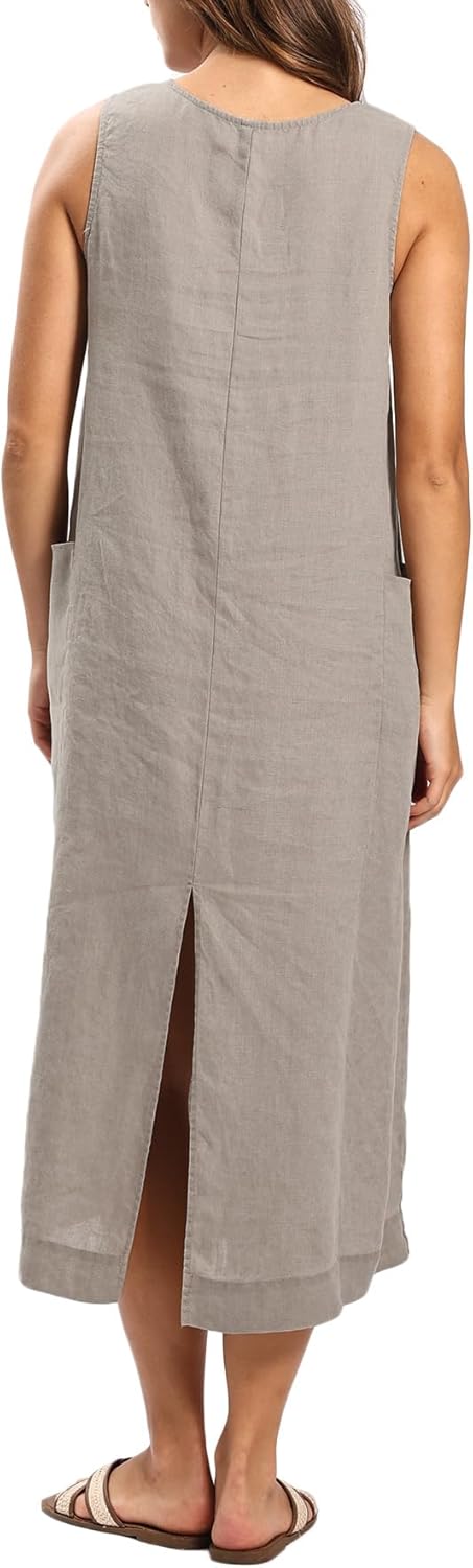 Amazhiyu Women's 100% Linen Plant-Dyed Sleeveless V-Neck Midi Dress with Slit - Image 2