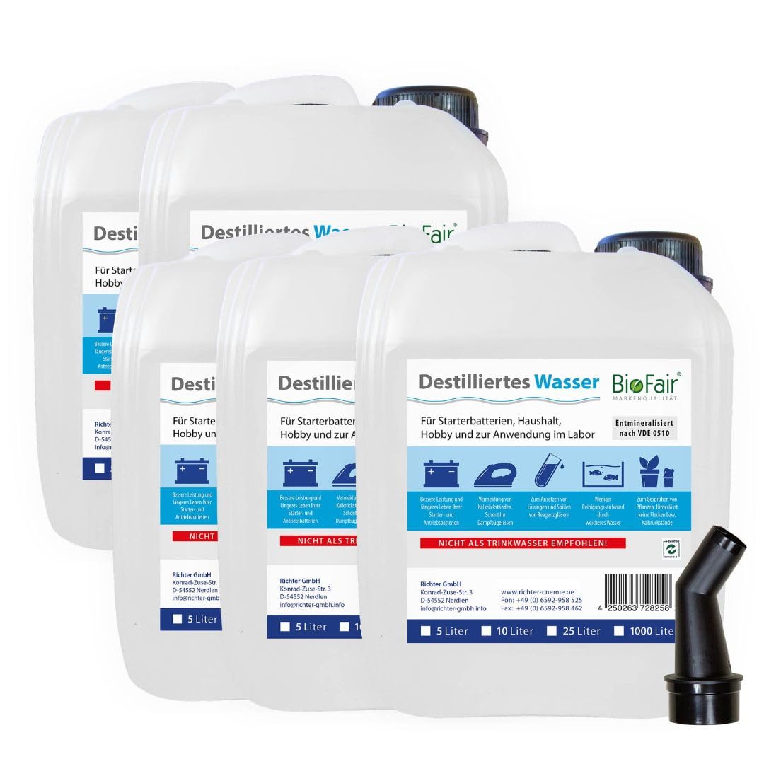 BioFair 25 Liter (5 x 5L Kanister) Destilliertes/demineralisiertes Wasser nach VDE 0510
