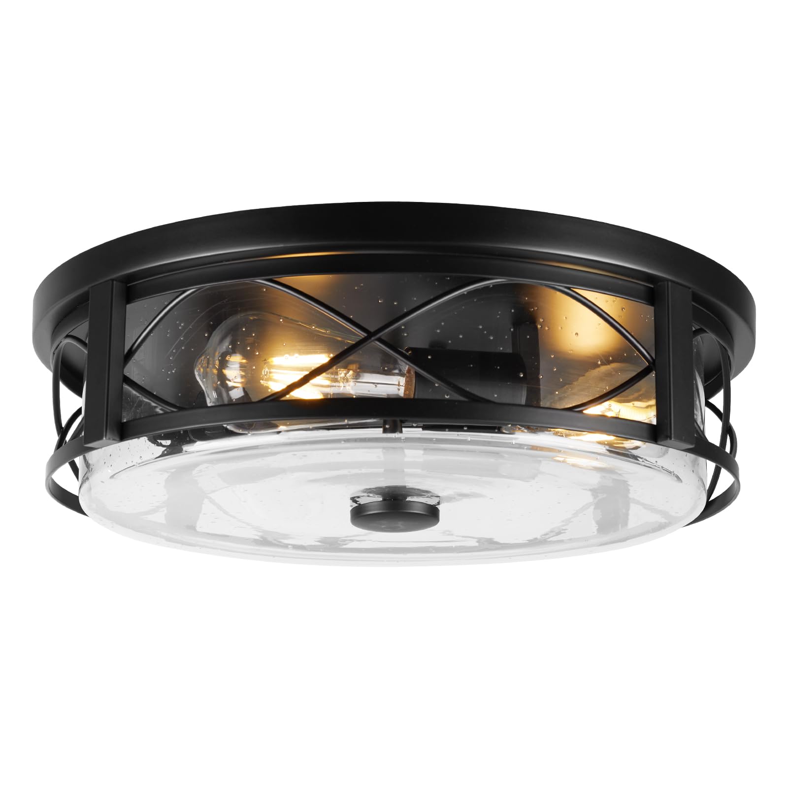 Rosient 16 Inch Large Flush Mount Ceiling Light with Seeded Glass, 3-Light Black Round Ceiling Lamp, Modern Farmhouse Indoor Outdoor Ceiling Lighting