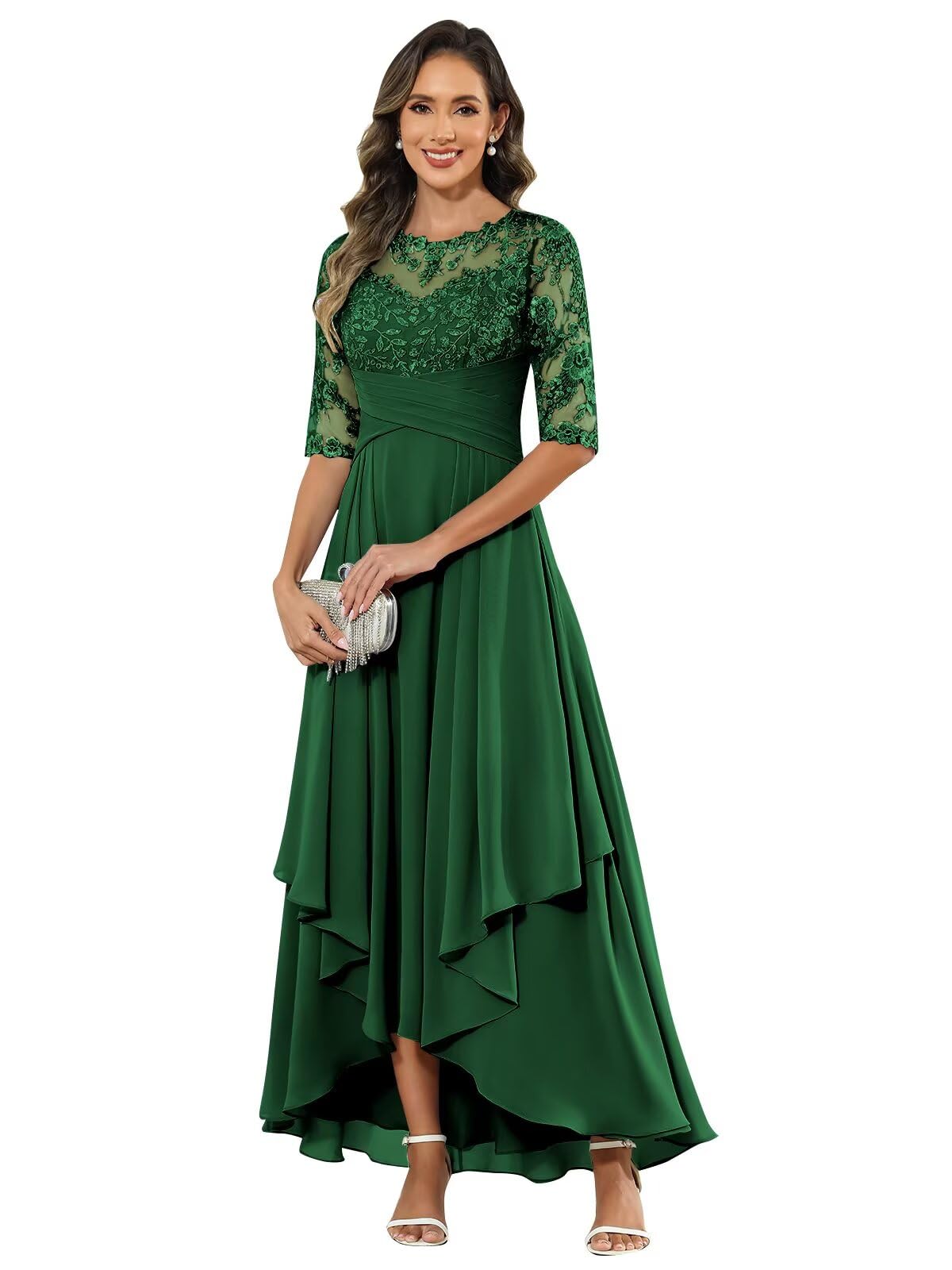 HANVAIOS Mother of The Bride Dresses Tea Length A-Line Chiffon Lace Appliques Formal Dress for Women