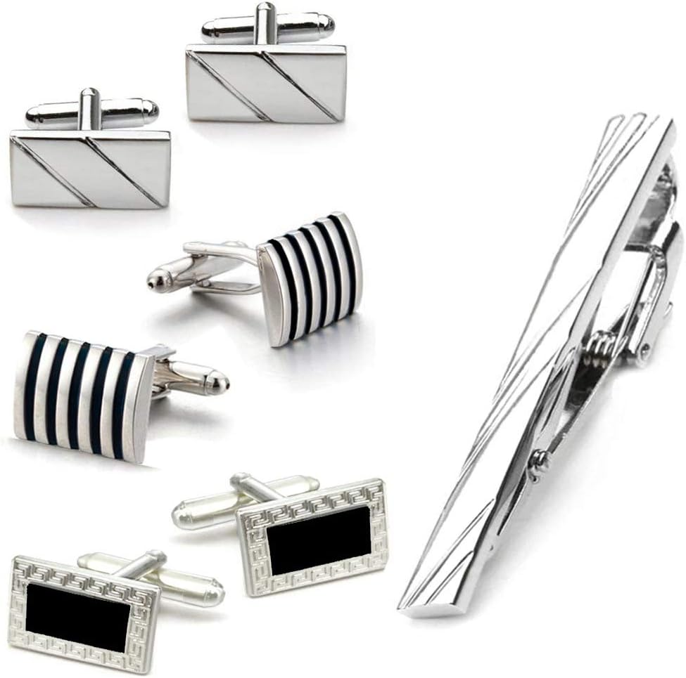 HILELIFE Cufflinks, Cufflinks for Men Tie Clip 4 in 1 Shirt Cuff Links Black Striped Classic Mens Cufflinks Set