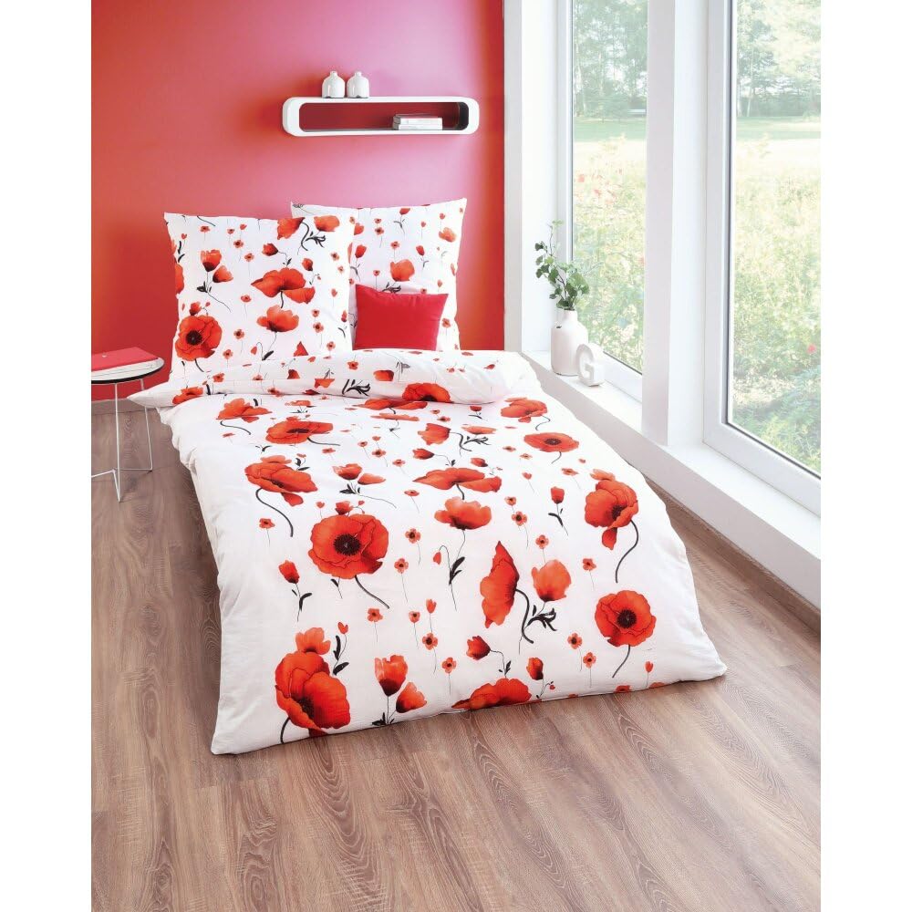 Kaeppel Bettwäsche Scarlett Poppies rot 100% Baumwolle Seersucker (080) (1 x 80x80 + 1 x 155x220 cm)