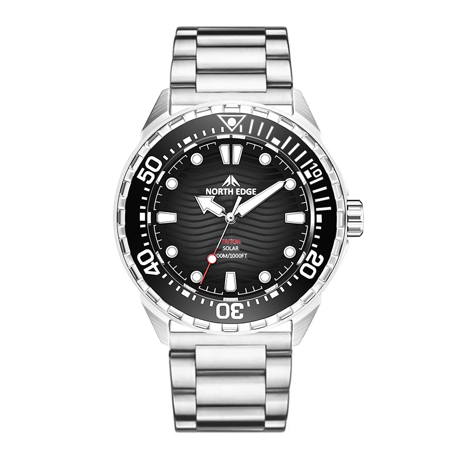 Orologio da uomo a energia solare, resistente all'acqua fino a 300 m, in acciaio inox, cinturino in acciaio 316L, orologio analogico al quarzo per immersioni e uso quotidiano