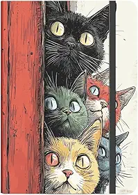 Caderno GATO CAPA DURA CRIATIVA – Criativo 160 Páginas Anotações Bullet Journal - 21x14, Ideal para Anotações e Bullet Journal(GATOS COLORIDOS FUNDO VERMELHO,PONTILHADO)