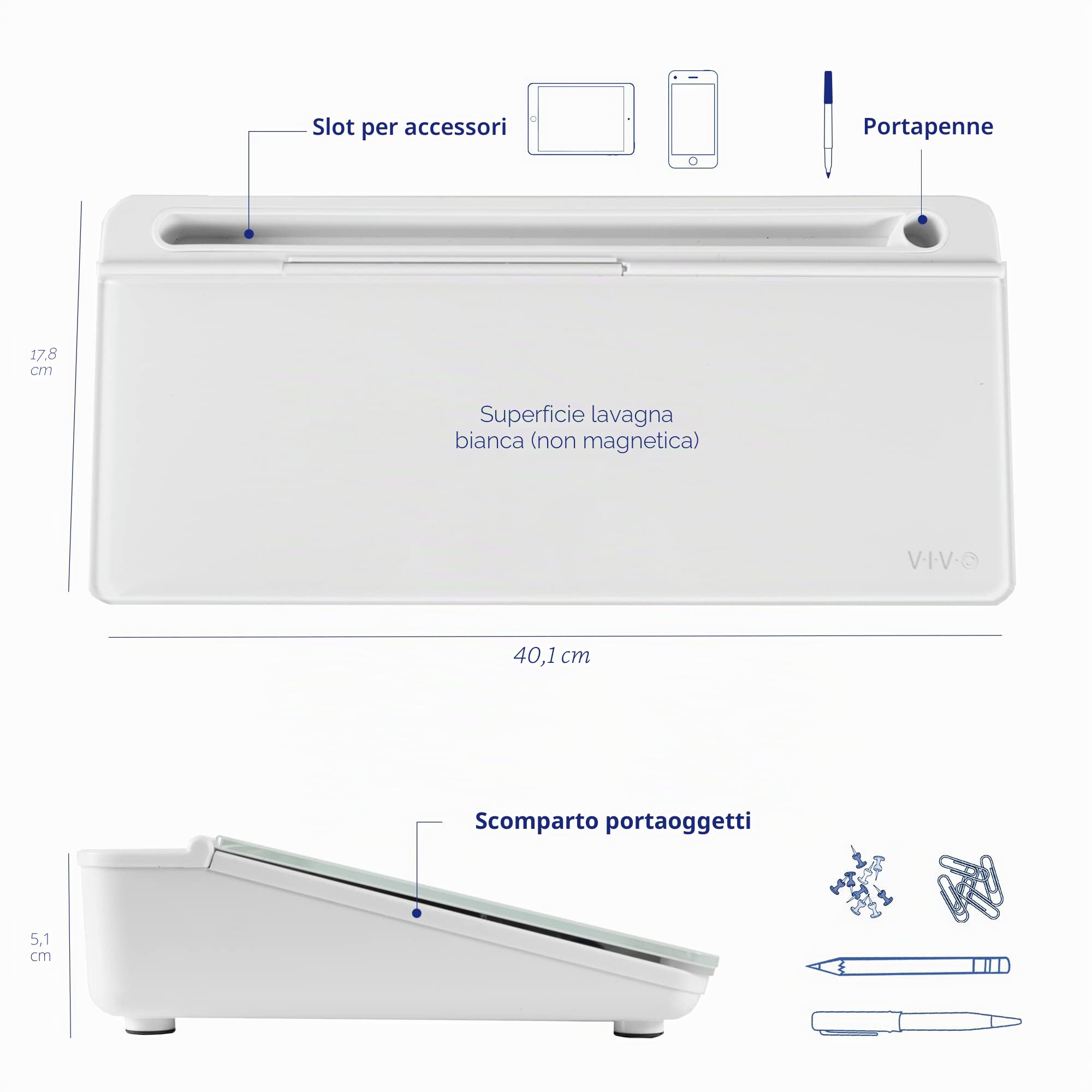 VIVO Lavagna cancellabile a secco in vetro, 40,6 x 17,8 cm, organizer da scrivania con scomparti nascosti e slot per dispositivo, DESK-WB16A