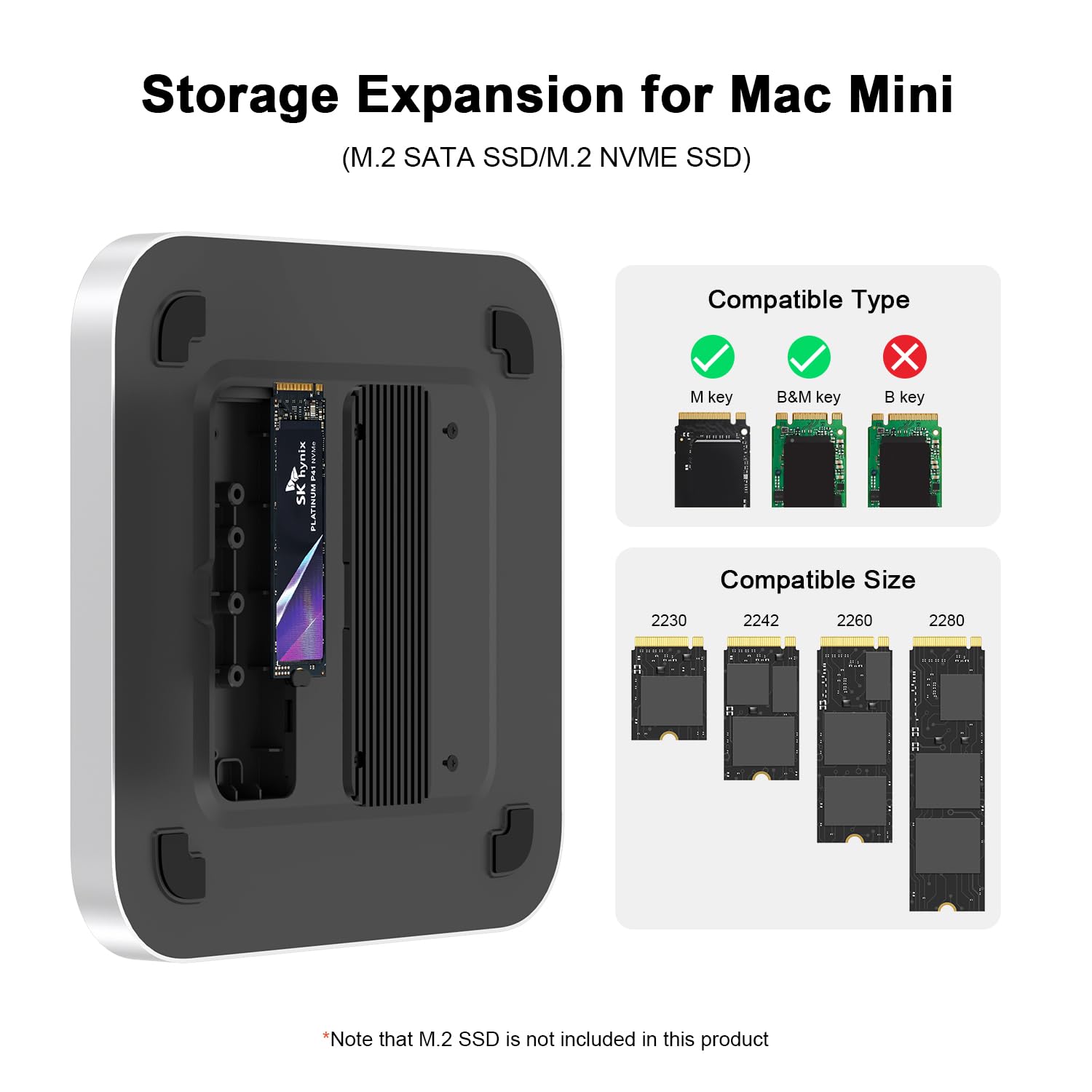Qwiizlab Hub USB-C con carcasa SSD, estación de acoplamiento para Mac Studio Mac mini M2/M1/Intel, HDMI 4K, tipo C 10 Gbps, lectores de tarjetas de 104 MB/s, se adapta a M.2 PCIe SATA y NVMe SSD