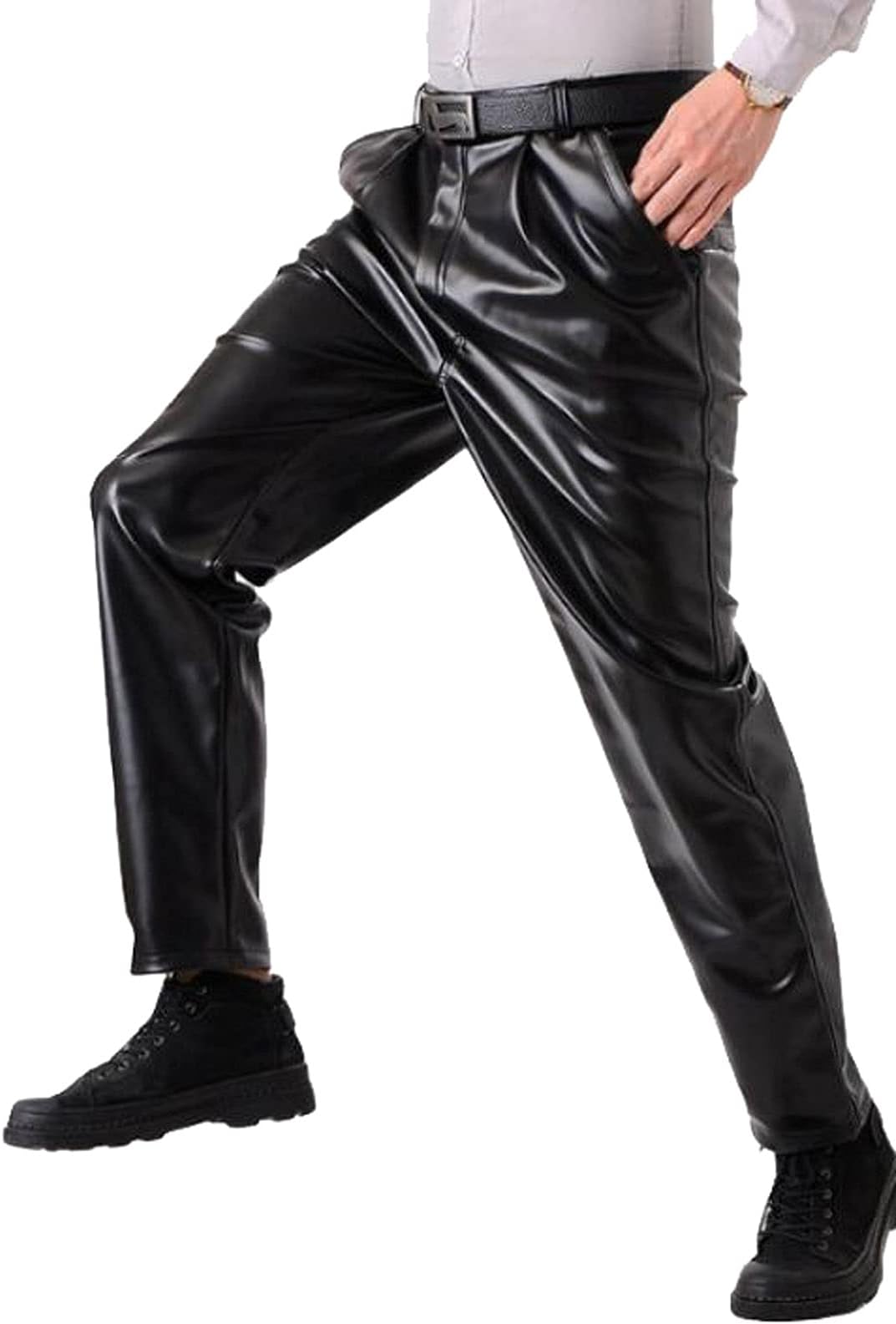 DYIZU mens pants, Men's Leather Pants Bar Fashion Trendy Slim Trousers Feet Leather Pants Male Singer Stage Costumes (Color : Black, Size : Small(SIZE))