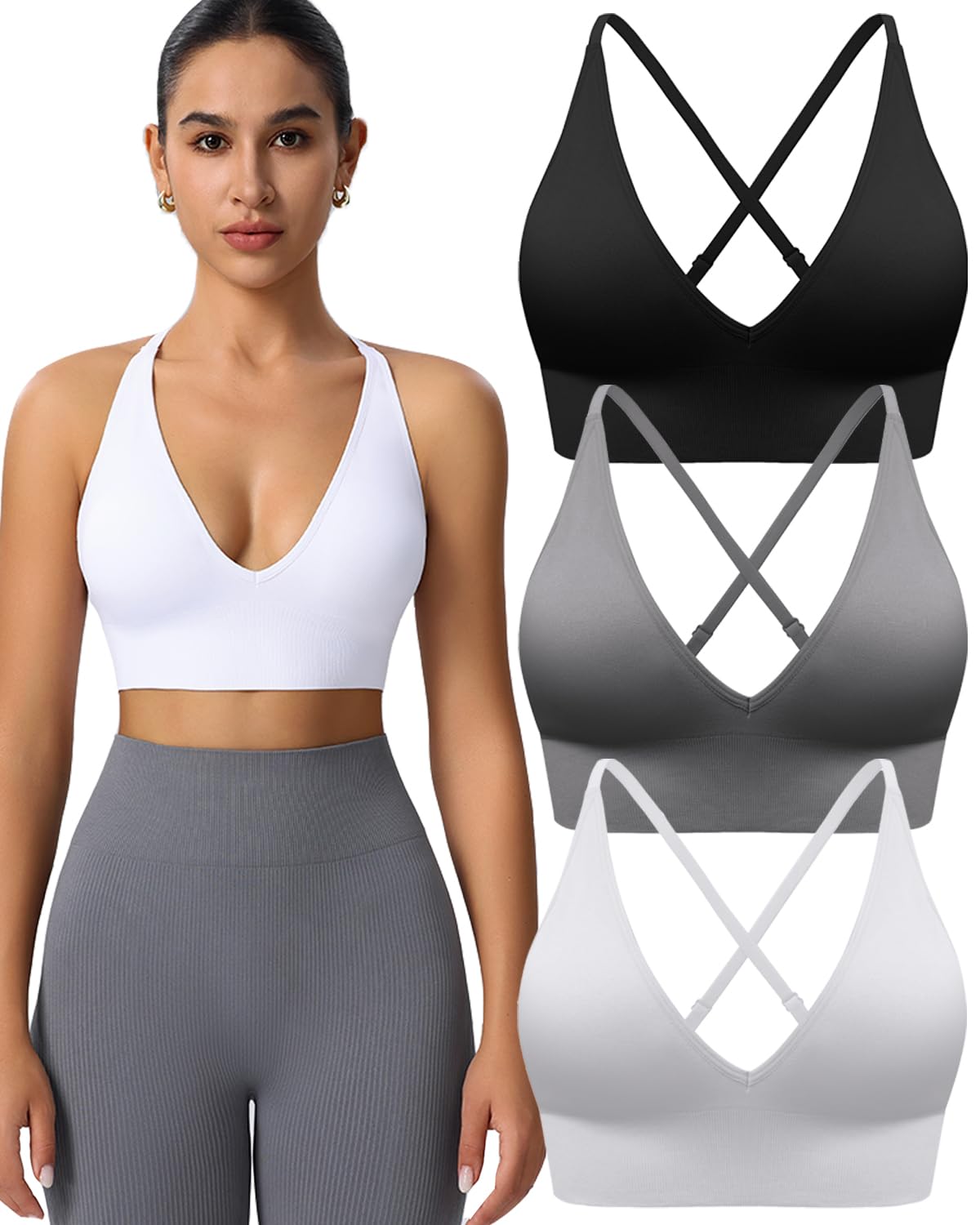 Evercute Women's Sports Bras Adjustable Deep V Neck Bras Wireless Spaghetti Strap Criss Cross Padded Low Support Sexy Bras, Black White Gray 3 Pack, L
