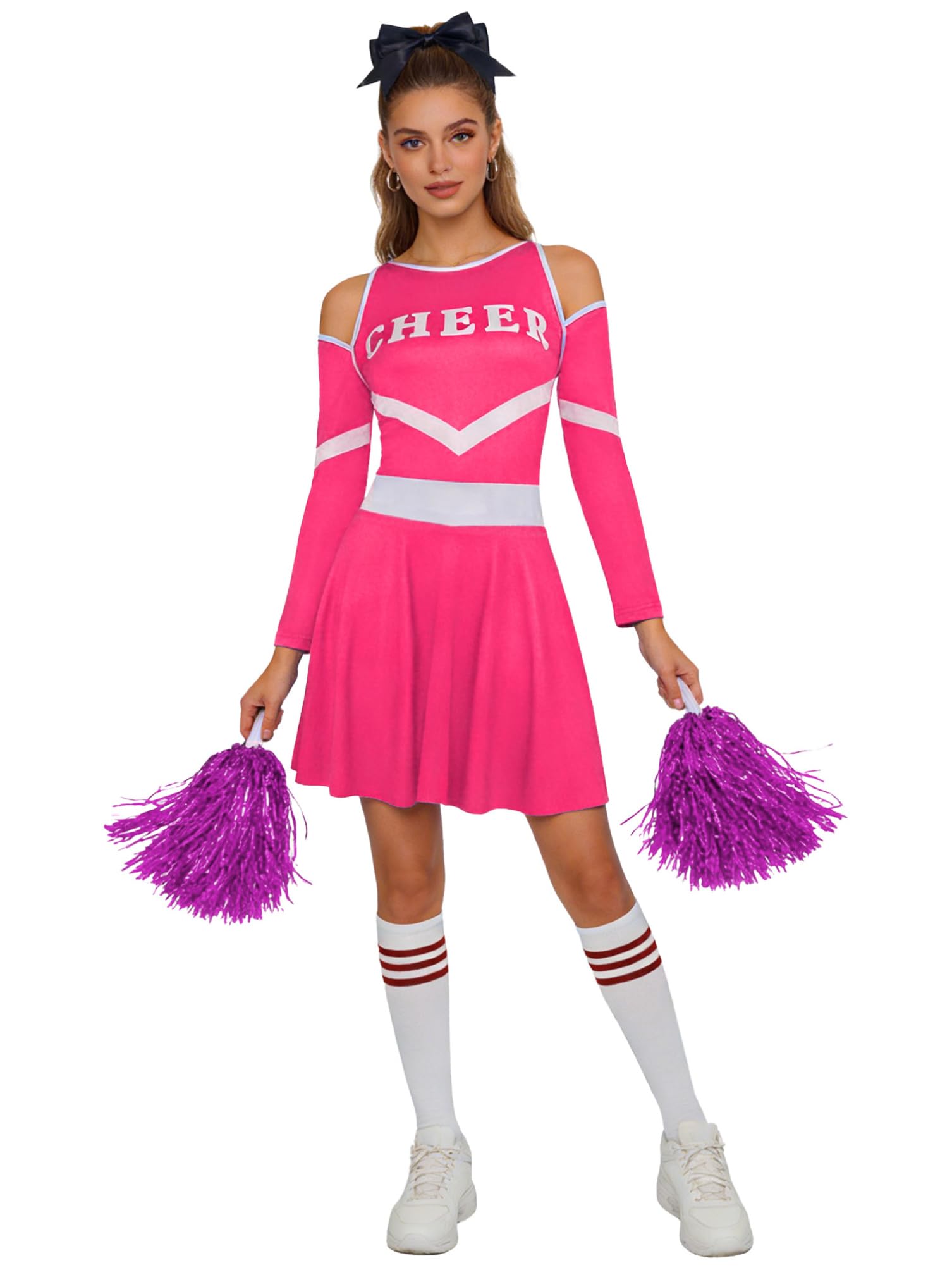 dPois Cheer Leader Kostüm Damen Cheerleading Uniform Kostüm Sport Wettkampf Tanz Uniform Langarm Crop Top Rock mit Strümpfe Pompoms