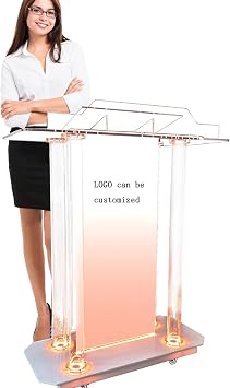 Church Pulpit with LED Lights, 46 Acrylic Podium for Churches, Transparent Podium Stand with Wheels, Clear pulpits for Churches, Classroom, Wedding, Concert, Restaurants A,Customizable Patterns