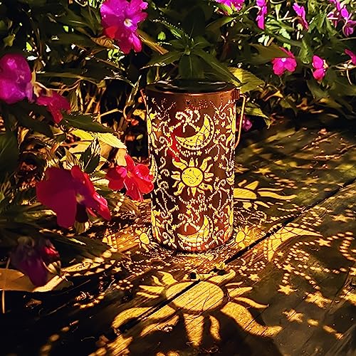 Solar Lanterns Outdoor Hanging Lantern Lights,Sun Moon Metal Decor Lanterns-Waterproof LED Decorative Light for Garden Patio Yard Lawn Backyard Front Porch as Gifts for Mom Grandma Women